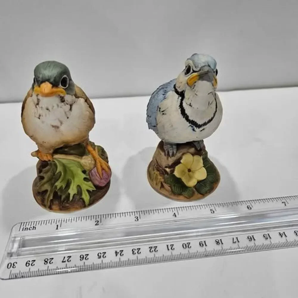 Set of 2 Ceramic Bird Figurines Blue Jay & Brown Bird